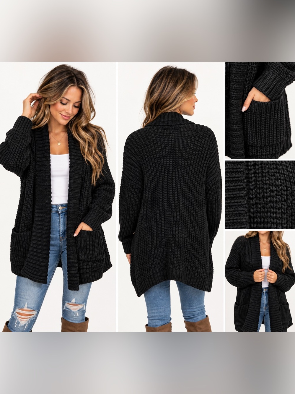 Larry Levine Black Chunky Knit Open Front Cardigan Sweater Women’s M